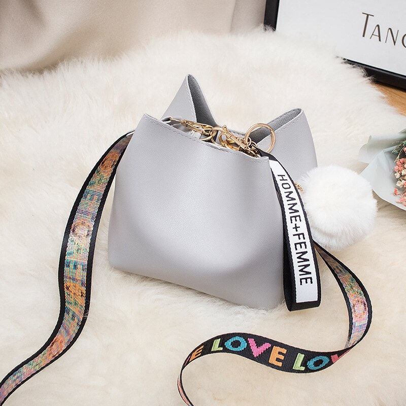 Women Fashion Bag Ball Pendant Bucket Sweet Lady Shoulder Messenger Crossbody Bag PU Girls Cute Side Purse