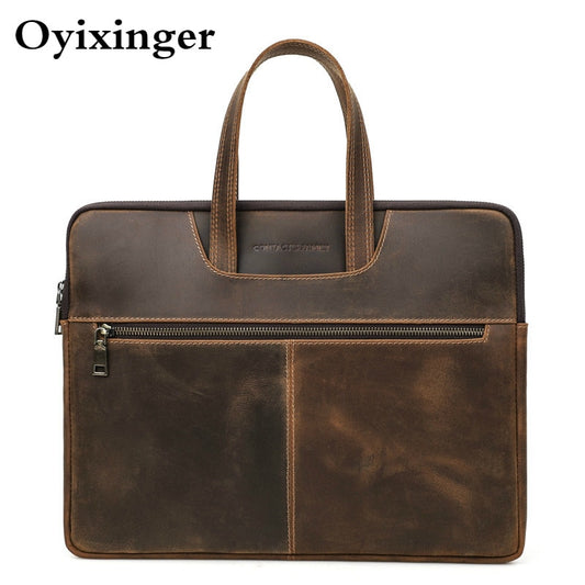 New Men&#39;s Briefcase Crazy Horse Leather Men Handbag For 14 15 16 Inches Genuine Leather Computer Bags Male Business Document Bag