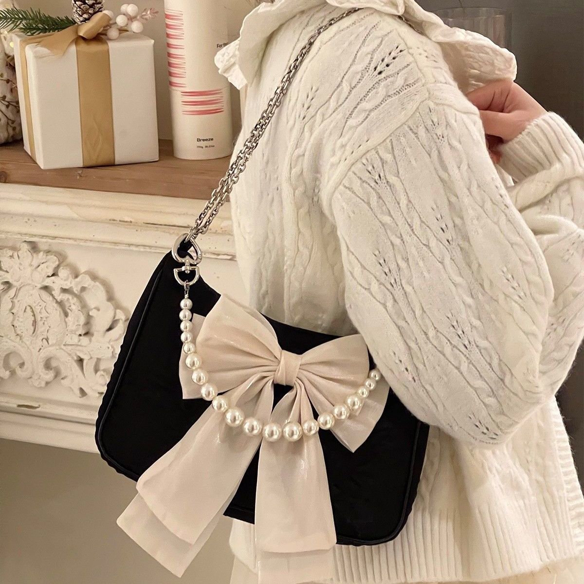 Vintage Bowknot Women Underarm Bags Faux Pearl Chain Ladies Shoulder Crossbody Bag Female Soft Nylon Purse Small Tote Handbags