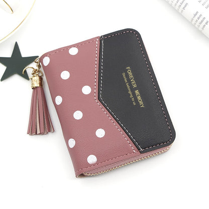 Fashion Wallets For Women Ladies Short Polka Dot Stitching Wallet Ladies Tassel Coin Purse Multifunctional Card Case Money Bag