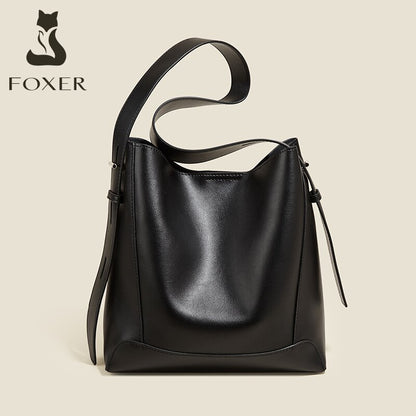 FOXER Lady Shoulder Messenger Bags Office Commuter Purse Split Leather Women Bucket Bag Retro Large Capacity Handbag Wide Strap