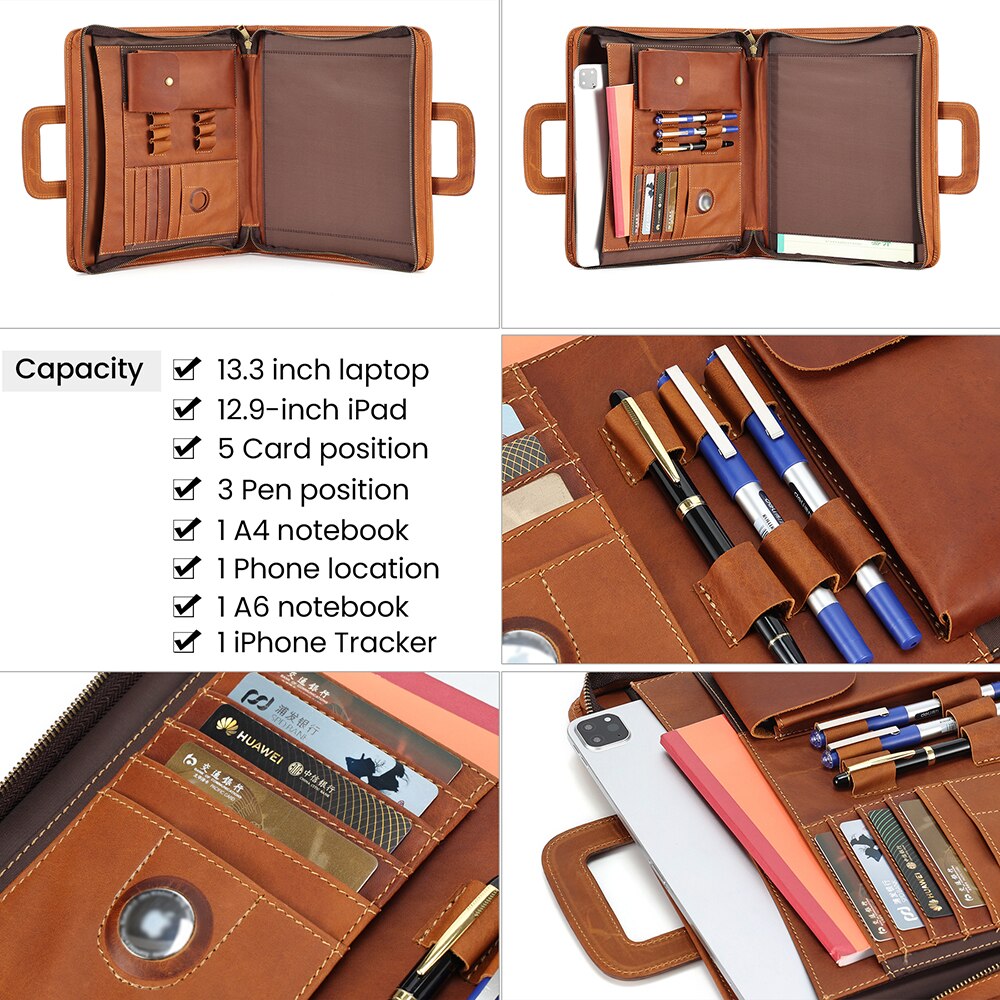 JOYIR Crazy Horse Leather Briefcase Portfolio Case Men Multi Pocket Padfolio Cover Bussiness Document A4 Organizer Tablet Holder