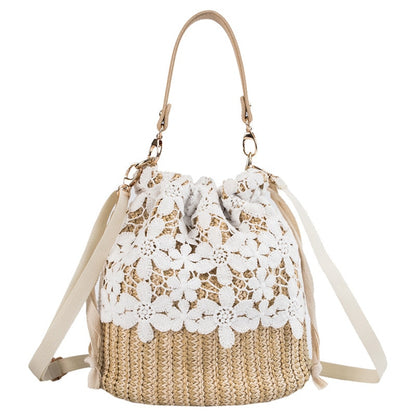 Women&#39;s Crossbody Bag Bohemian Summer Straw Beach Bags Lace Female Handbag Pearl Shoulder Messenger Bags Drawstring Bucket Bag