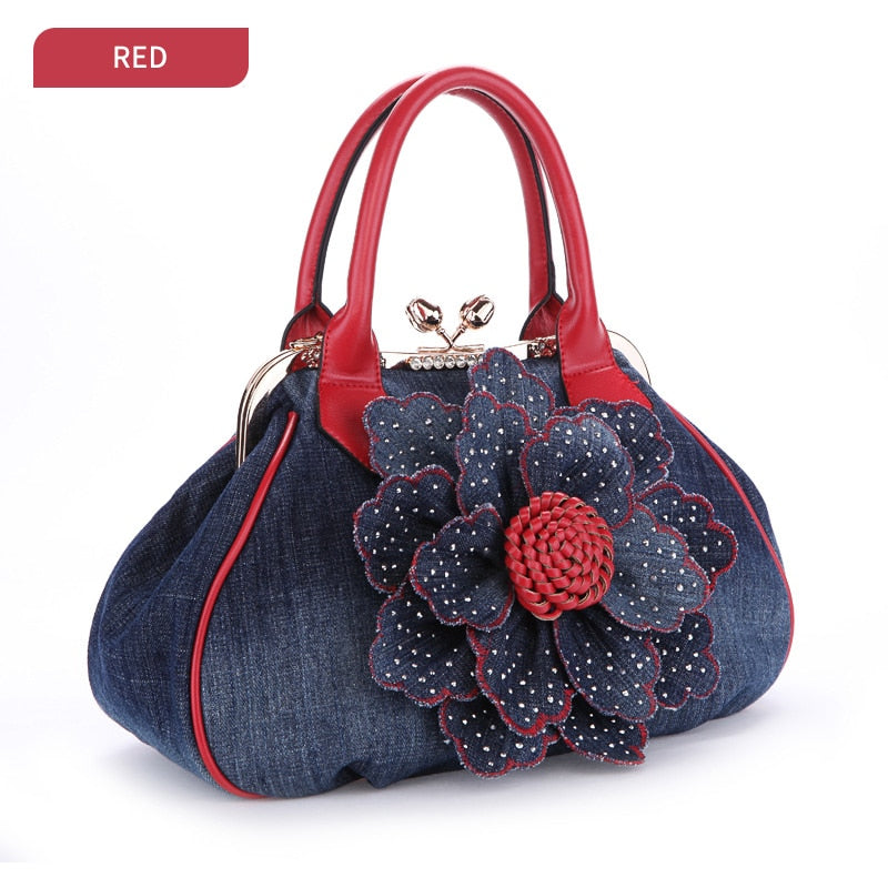 Fashion Women Vintage Roses Flowers Shoulder Bag Female Casual Handbag Girl Denim Messenger Bags Luxury Brand Handbags