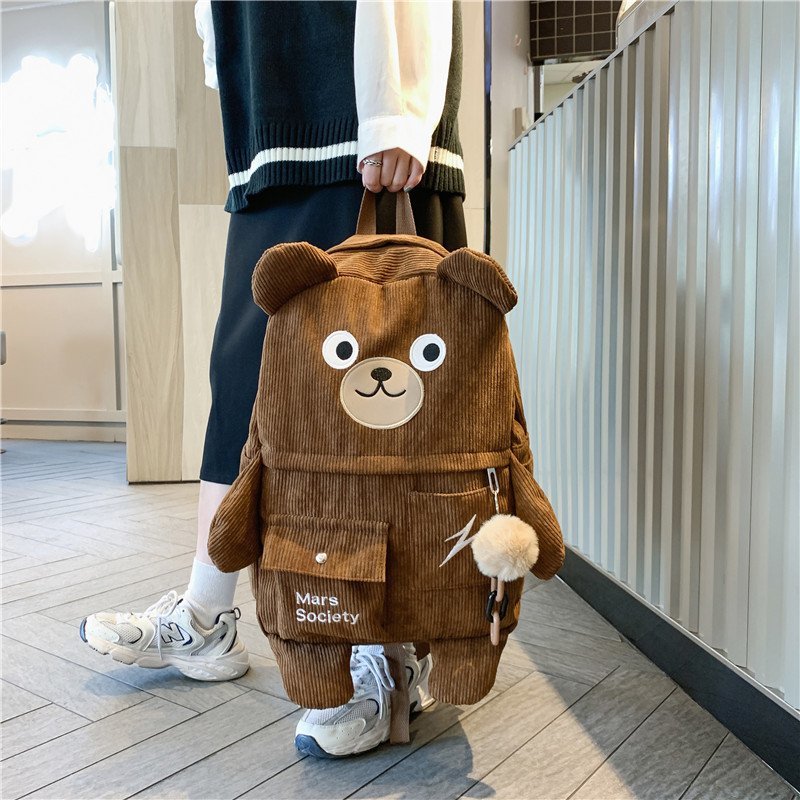 Japanese Corduroy Bear Backpacks for Cute Women Multi-pockets School Bags Large Capacity Backpack Teenger Girls Schoolbag Female