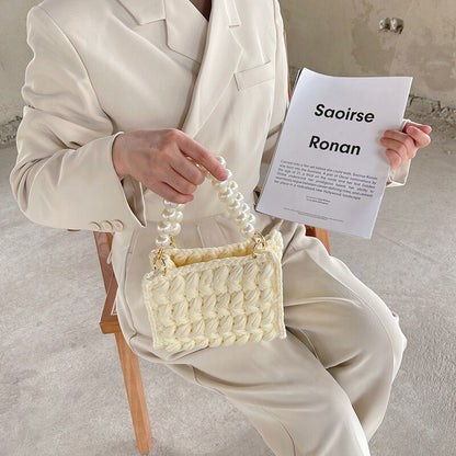 Fashion Rope Knitting Women&#39;s Handbags Luxury Pearls Chains Tote Brand Crochet Handbags and Purses Designer Woven Bags for Women