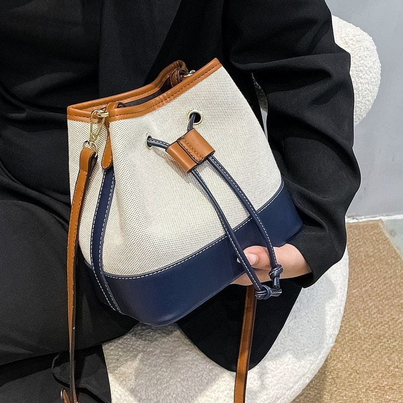 Women&#39;s Bags Large-capacity Bucket Handbags Drawstring Canvas PU Splice Crossbody Totes Fashion Female Korean Style Shoulder Bag