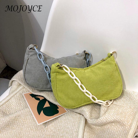 Women Retro Corduroy Solid Color Underarm Bag Chain Small Handbags Female Daily Street Crossbody Bags Fashion Underarm Bags New