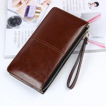 Women&#39;s Vintage Oil Wax Leather Zipper Clutch Wallet Female Large Capacity Coin Purse Ladies Wristband Simple Card Holder Wallet