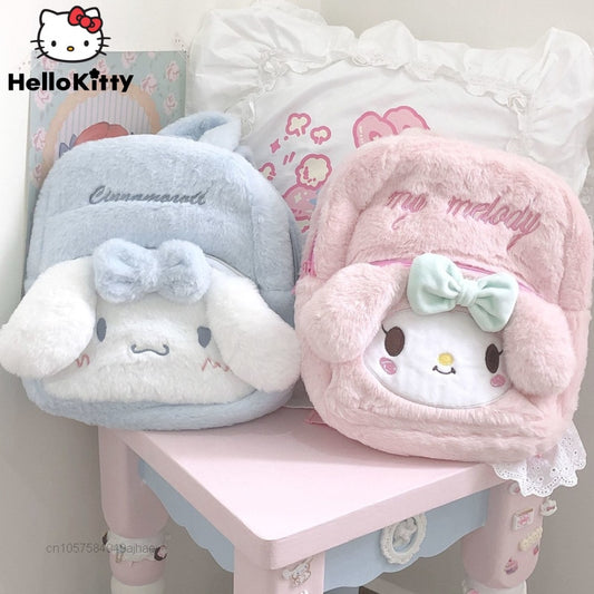 Sanrio Cartoon Bags Melody Cinnamoroll Small Cute Backpack Plush Double Shoulder Bag Women Handbags Y2k Girls Lolita School Bag