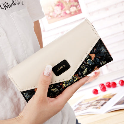 Women Envelope Floral Long Wallet Hit Color Tri-fold Flowers Printing Female  Pu Leather Hasp Coin Purses Lady Clutch Phone Bag