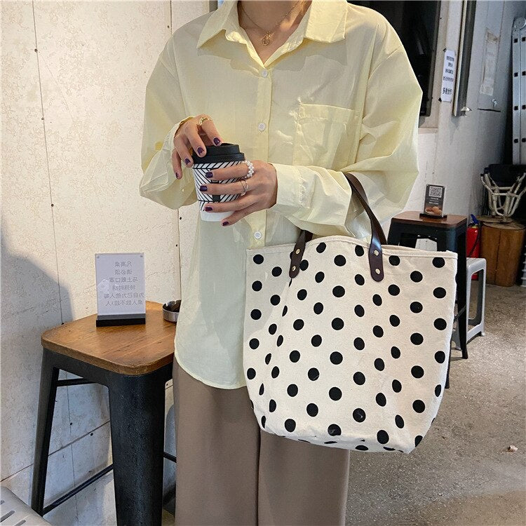 French Retro Dot Women Canvas Handbags Fashion Smiley Ladies Picnic Bucket Bag Reusable Cotton Portable Lunch Box Bags Purses