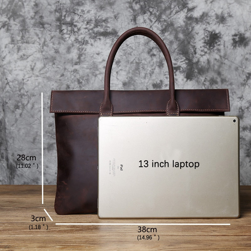 NZPJ Retro Men&#39;s Briefcase Leather Casual HandbagTop Layer Cowhide Business Tablet Bag Thin Clutch For 16-Inch Laptop