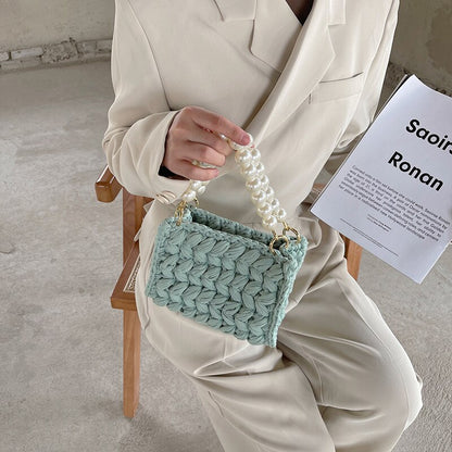 Fashion Rope Knitting Women&#39;s Handbags Luxury Pearls Chains Tote Brand Crochet Handbags and Purses Designer Woven Bags for Women