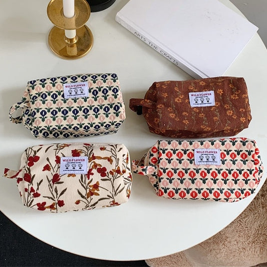 Korean Fashion Pencil Case Corduroy Plaid&Flowers Makeup Bag Lipsticks Bag Women Neceser Small Cosmetic Bag Beauty Organizer Bag