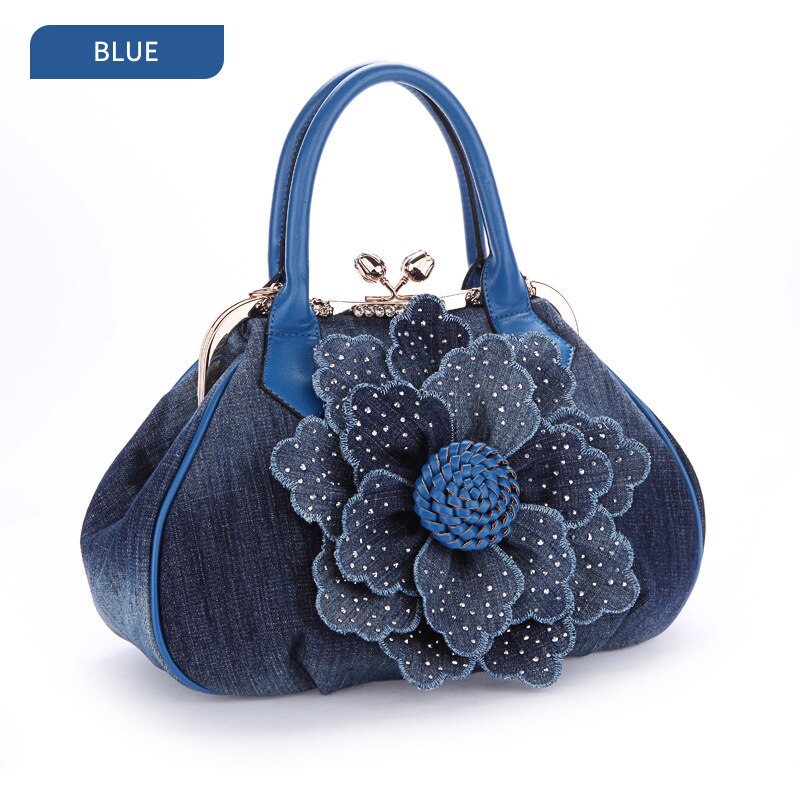 Fashion Women Vintage Roses Flowers Shoulder Bag Female Casual Handbag Girl Denim Messenger Bags Luxury Brand Handbags
