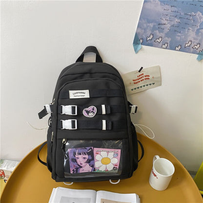 Transparent Pocket Nylon Women Backpack Fashionable Girl Buckled Travel Bag Female Cool Back Pack Student Lady Schoolbag Bookbag