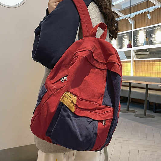 Patch Color Block Unisex School Backpack for Teenager Vintage Casual Canvas Backpacks for Women Students School Bags for Girls