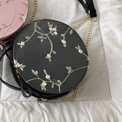 Female Sweet Lace Heart Round Handbags High Quality PU Leather Cross Body Bags for Women Small Fresh Flower Chain Shoulder Bags