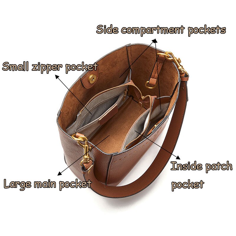 Women's Vintage Large Capacity Bucket Bag Genuine Leather Wide Strap Crossbody Shoulder Bags Designer Handbag Lady Soft Tote Bag