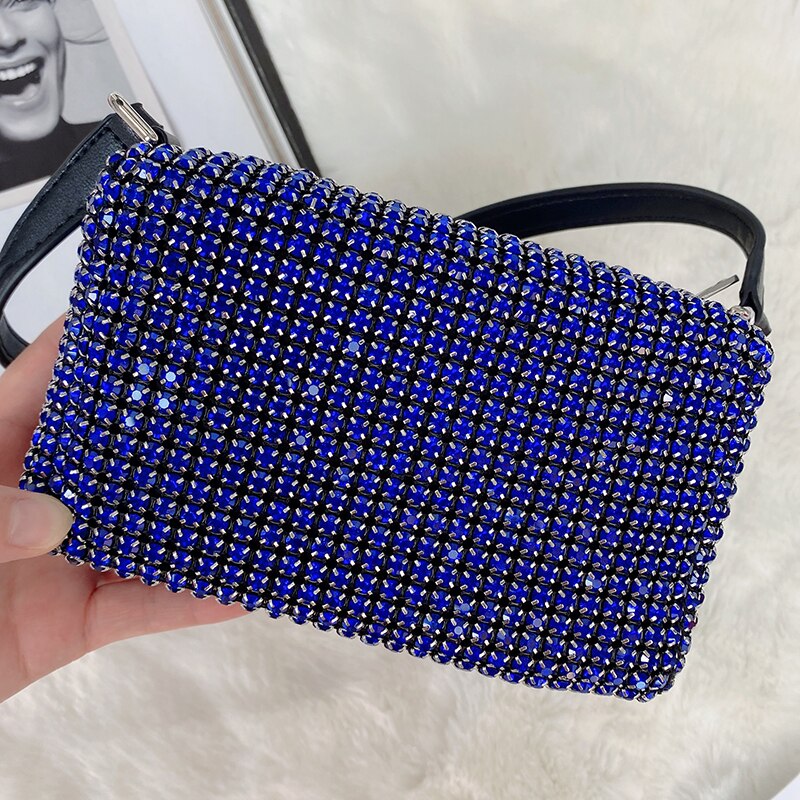 Crystal Rhinestone Evening Crossbody Bags for Women Luxury Brand Bling Purse Mini Top Handle Handbag Chain Mesh Clutch for Party