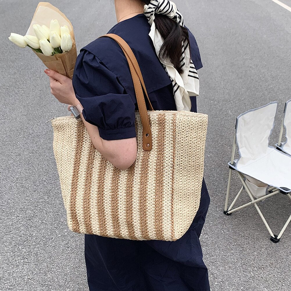 Summer Straw Woven Top-Handle Handbags Casual Large Capacity Women Shoulder Bags Shopping Bags Beach Vacation Female Totes Bags