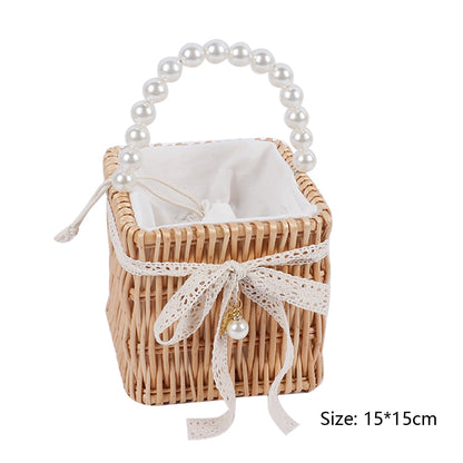 Casual Summer Rattan Woven Women Shoulder Crossbody Bags Fashion Pearl Chain Basket Drawstring Ladies Small Top-handle Handbags