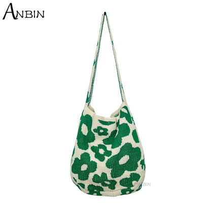 Women&#39;s Bag Floral Pattern Design Jacquard Contrasting-coloured Knitted Shoulder Crochet Tote Female Fashion Crossbody  Shopper