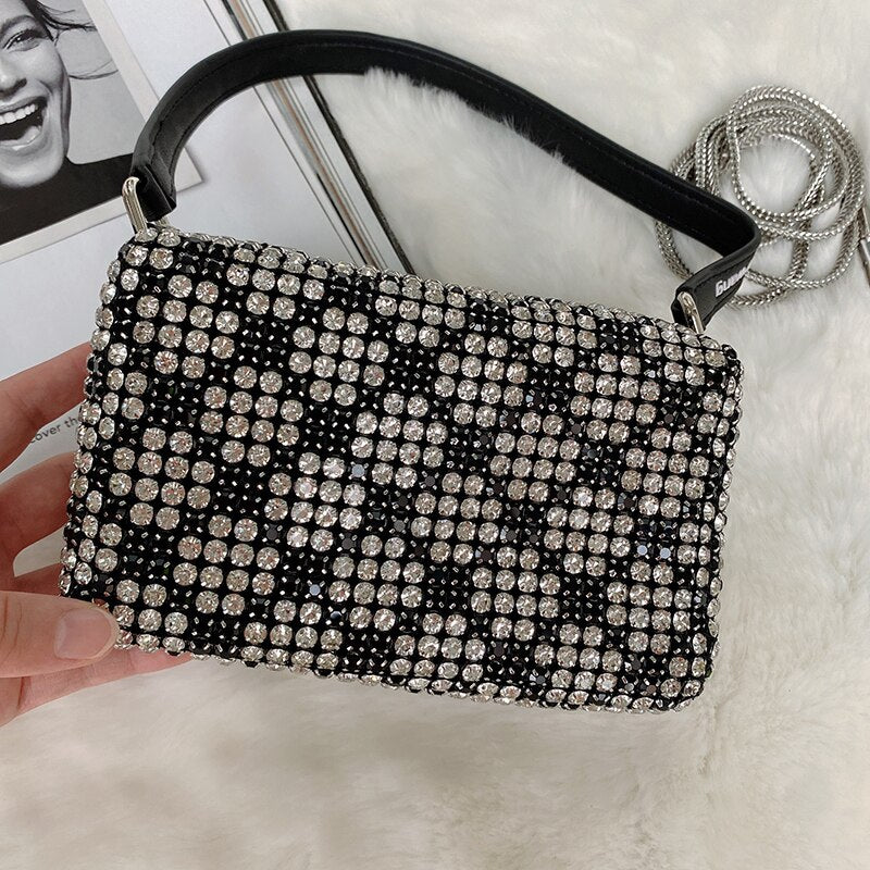 Crystal Rhinestone Evening Crossbody Bags for Women Luxury Brand Bling Purse Mini Top Handle Handbag Chain Mesh Clutch for Party