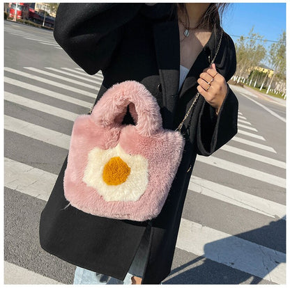 Fashian Faux Fur Egg Toast Bag Tote Bag Women Winter Warm Handbag High Quality