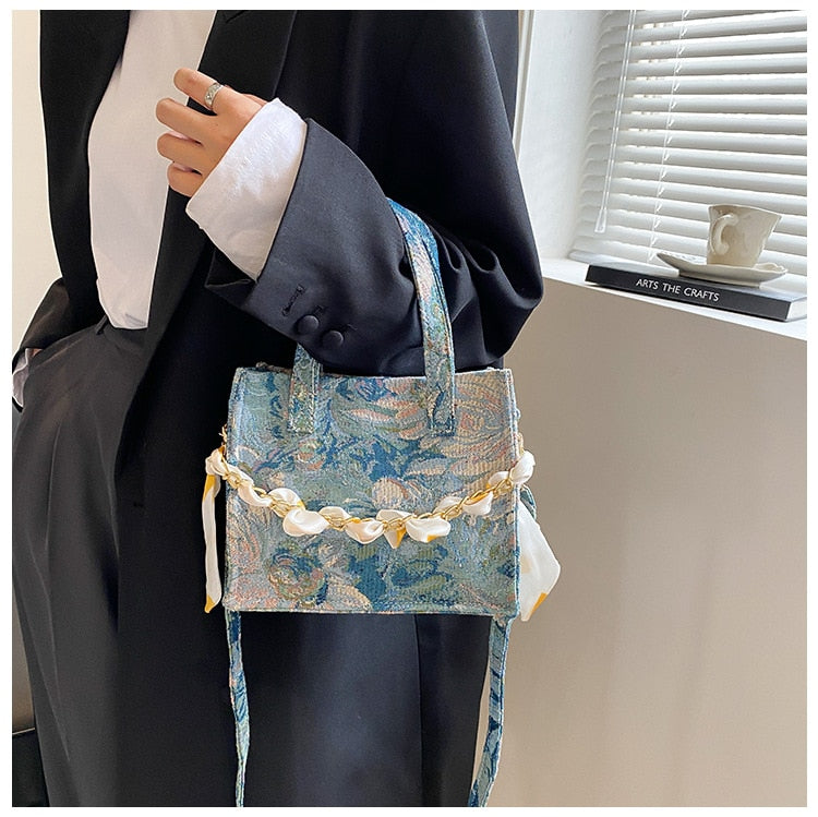 Canvas Bag Women&#39;s Portable New Design Fashion Texture Oil Painting Chain Small Square Bag Messenger Bag Minority