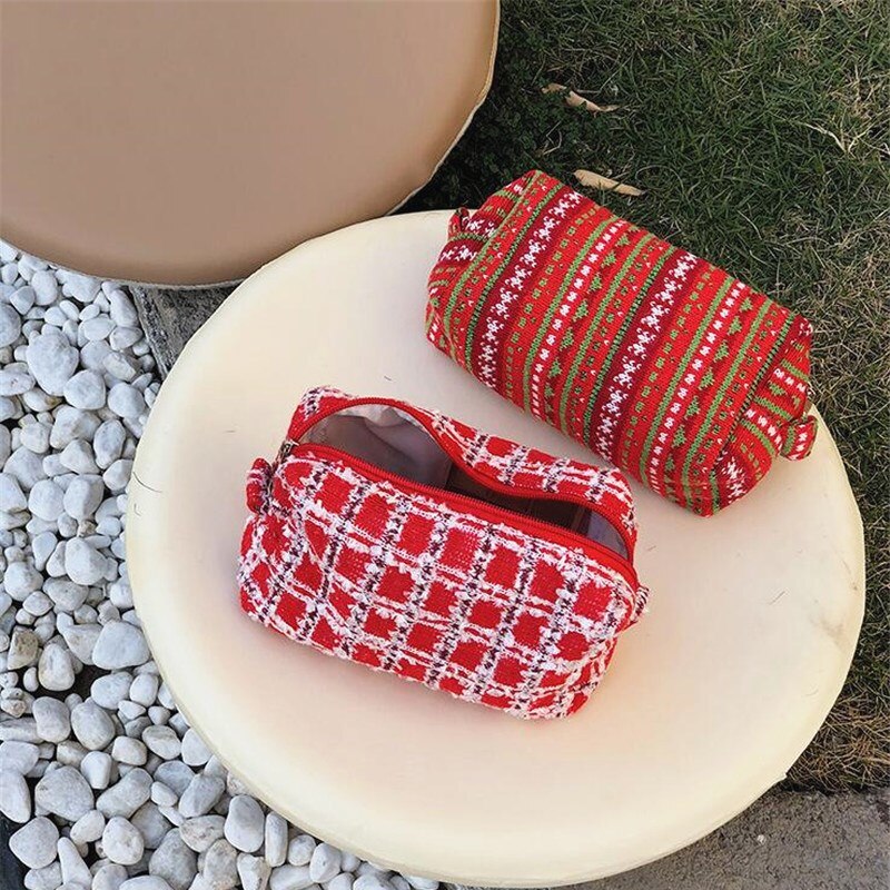 PURDORED 1 Pc New Year Red Makeup Bag for Women Travel Soft Knitted Fabric Cosmetic Bag Organizer Case Make Up Case Necessaries