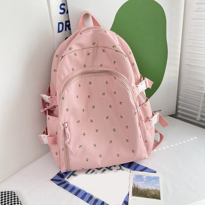 Fashion New Floral Women Backpack Large Capacity Nylon Schoolbag College Teenage Girl Travel Book Bags with Pendant Decoration