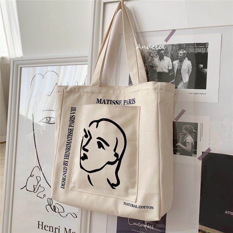 Women Canvas Shoulder Bag Henrimatisse Printing Ladies Casual Handbag Tote Bag Large Capacity Cotton Reusable Shopping Beach Bag