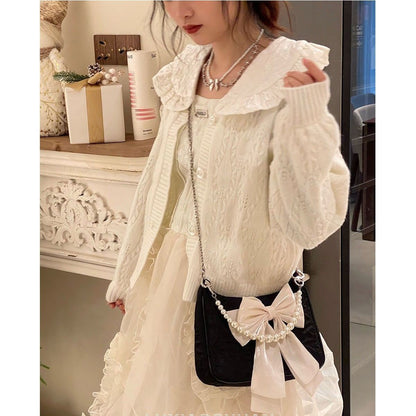 Vintage Bowknot Women Underarm Bags Faux Pearl Chain Ladies Shoulder Crossbody Bag Female Soft Nylon Purse Small Tote Handbags