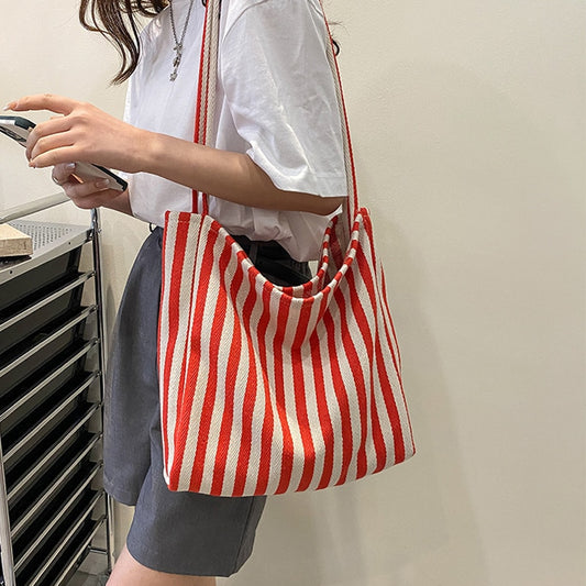 New in Women Stripe Shoulder Bag Retro Casual Large-capacity Tote Bag Reusable Shopping Bag Canvas Shoulder Bags for Women