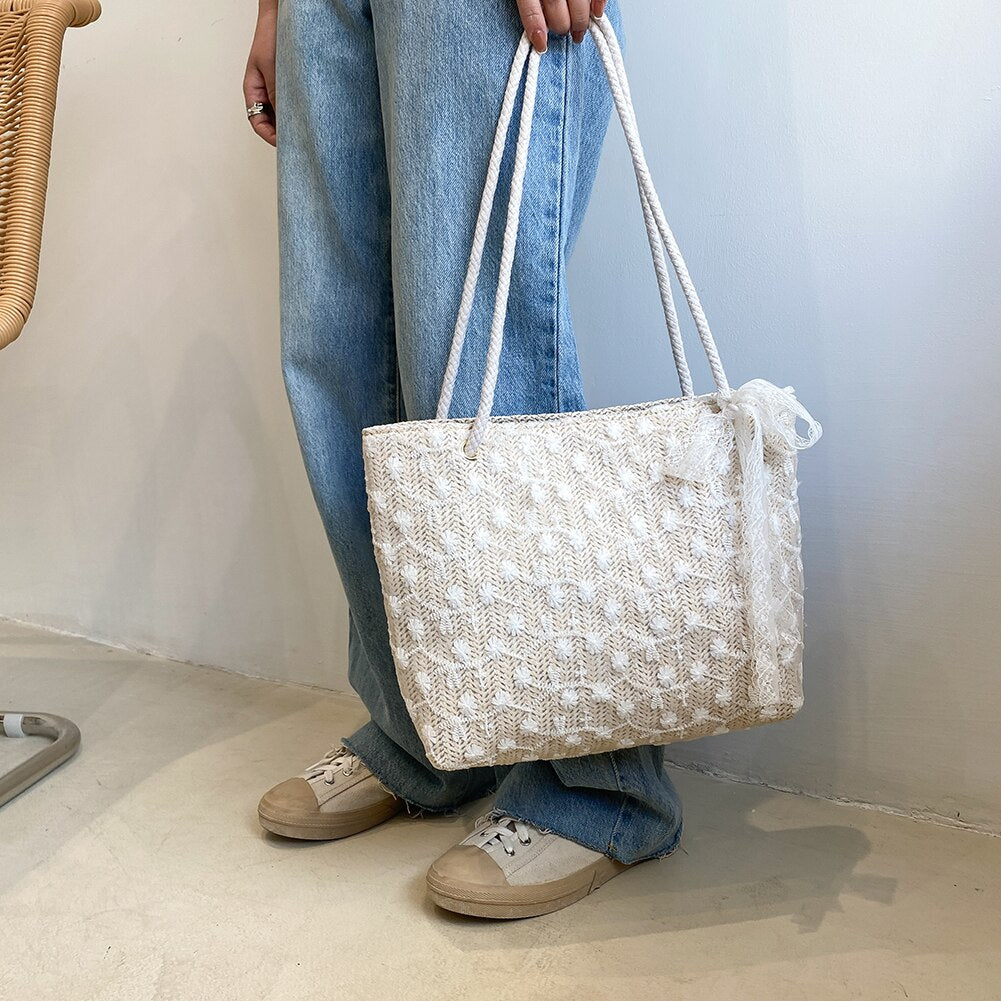 Casual Straw Woven Handbags Women Summer Holiday Beach Bow Totes Top-Handle Bags Fashion Ladies Undearm Shoulder Bags