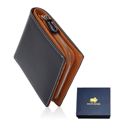 BISONDENIM New Men&#39;s Leather Folding Wallet Simple Luxury Fashion Wallet Zipper Coin Bag Multifunctional Card Holder W4545