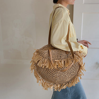 Shoulder Bags Semicircle Casual Woven Handbags Shoulder Bag Women Female Summer Rattan Handmade Tassel Handbag