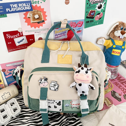 Women Cute Cow Backpack Female Student College Schoolbag Girl Badge Multifunctional Backpacks Kawaii Ladies Waterproof Nylon Bag