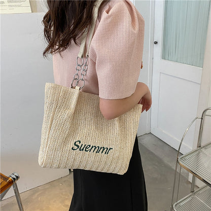 Straw Shoulder Bags for Women Large Capacity Handmade Woven Tote Bags Casual Seaside Beach Ladies Underarm Bags Vacation Handbag