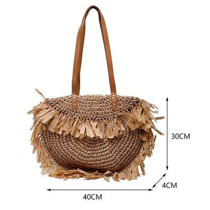 Shoulder Bags Semicircle Casual Woven Handbags Shoulder Bag Women Female Summer Rattan Handmade Tassel Handbag