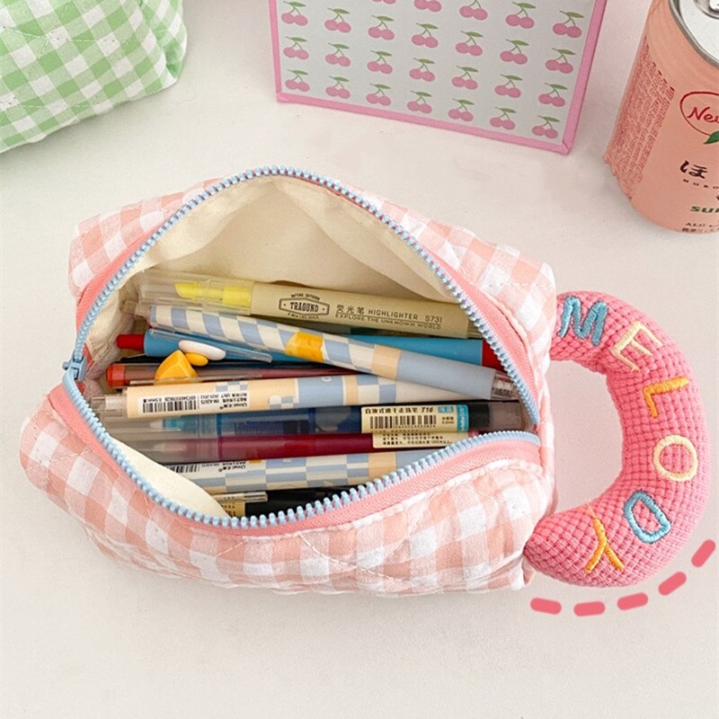 PURDORED 1 Pc Cute Plaid  Makeup Bag for Women Zipper Candy Color Girl  Cosmetic Bag Travel Make Up Pouch Student Pencil Bag