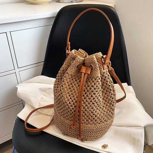 Drawstring Women&#39;s Straw Bucket Bag Summer Woven Shoulder Bags Purse Beach Handbag Trends Straw Handbags Casual Crossbody Bag