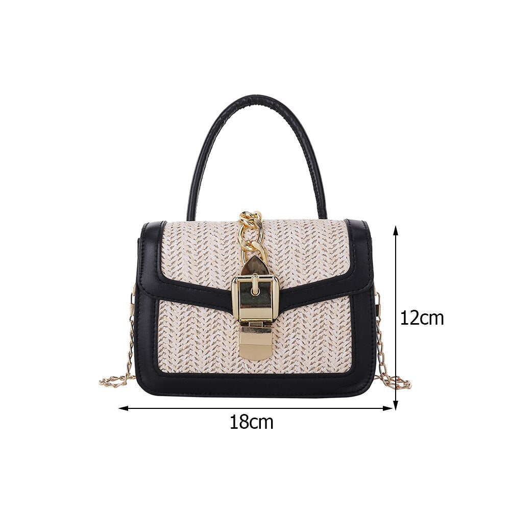 Retro Women Bag Woven PU Stitching Messenger Casual Ladies Beach Chain Handbag Summer Beach Bag Rattan Tote Square Box