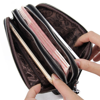 MJ Women Long Wallet Genuine Leather 3-Layer Zipper Purse Bag Large Capacity Wristlet Clutch Wallets Phone Bag Money Purses