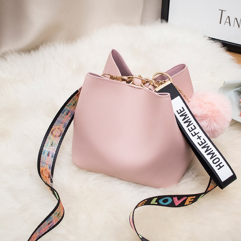 Women Fashion Bag Ball Pendant Bucket Sweet Lady Shoulder Messenger Crossbody Bag PU Girls Cute Side Purse