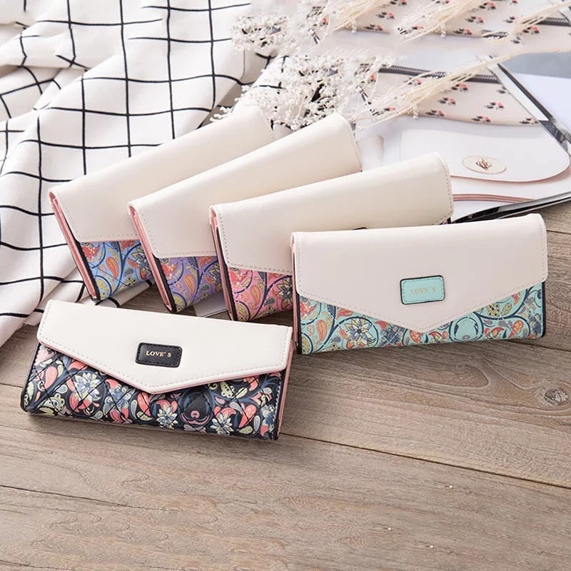 Women Envelope Floral Long Wallet Hit Color Tri-fold Flowers Printing Female  Pu Leather Hasp Coin Purses Lady Clutch Phone Bag