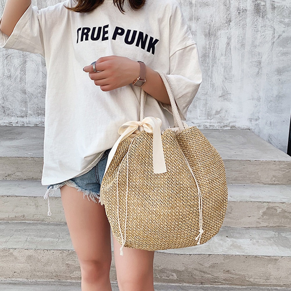 Large Capacity Handmade Weave Straw Handbags with Bow Women Shoulder Bags Fashion Drawstring Shopping Bags Tote Top-handle Bags