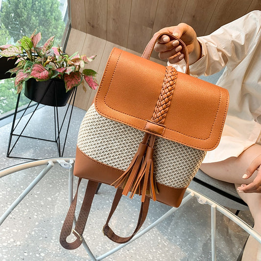 Fashion straw women backpacks school bags for teenagers girls weave Tassels Daypack bagpack casual summer beach travel bags